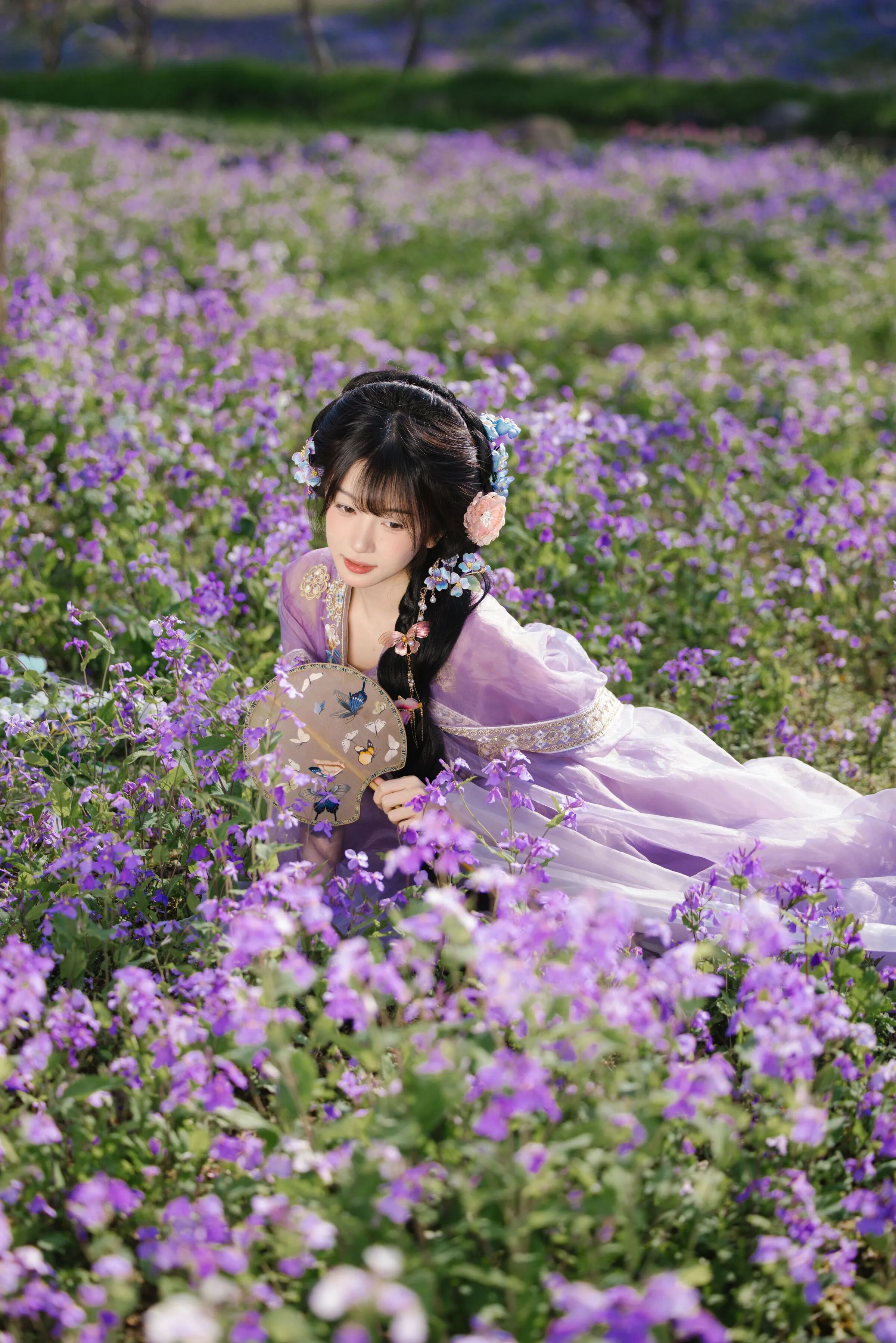 紫色花海｜淡紫汉服花伞团扇拍出仙气古风 - 第3张