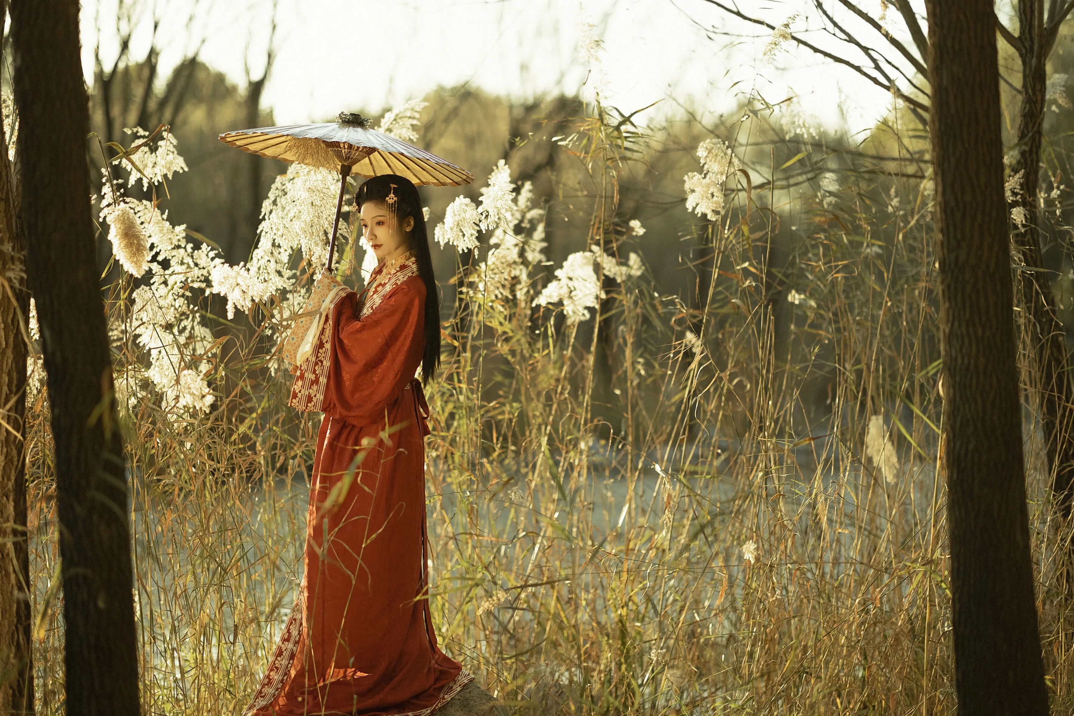 【汉服写真】枣红汉服过芦苇荡:油纸伞斜遮晚照,一袭清冷入湖风 - 第2张 - 汉服颂 【汉服写真】枣红汉服过芦苇荡:油纸伞斜遮晚照,一袭清冷入湖风 - 第2张