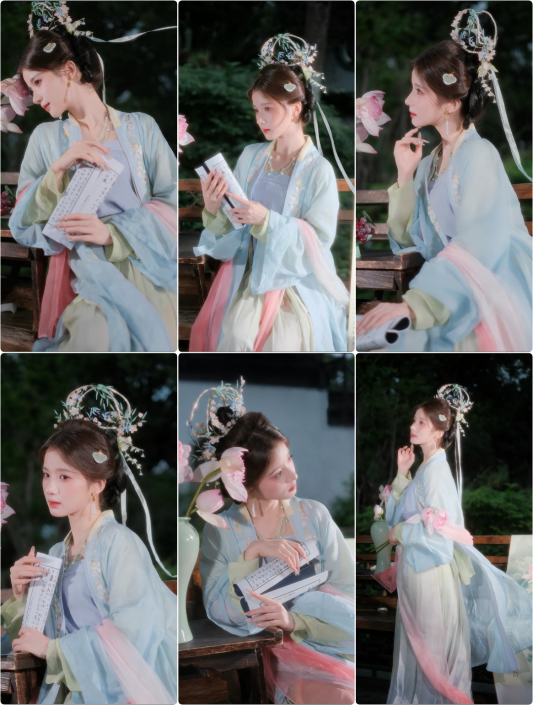 浅蓝绣花宋制汉服园林夜拍：6个姿势拍出温婉书香古风照 - 第1张