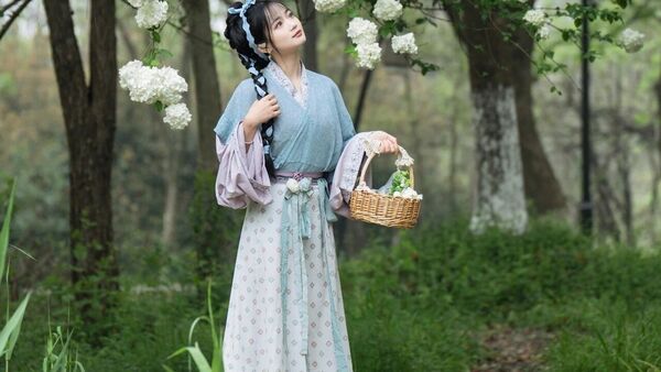 绣球花下蓝衫影：汉服少女巧笑嫣然，一枝春色入袖来