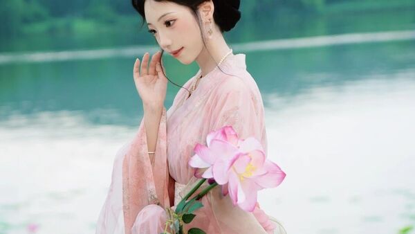 荷风仙影：白衣汉服立莲塘，一池夏荷映仙姿
