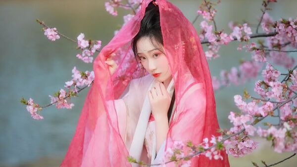 汉服佳人｜轻粉襦红裙绣花纹，帷帽轻纱女子赏春花