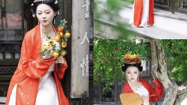 扬州榴花盛放：宋制汉服园林拍照，5组姿势拍出松弛感