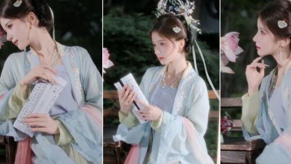 浅蓝绣花宋制汉服园林夜拍：6个姿势拍出温婉书香古风照