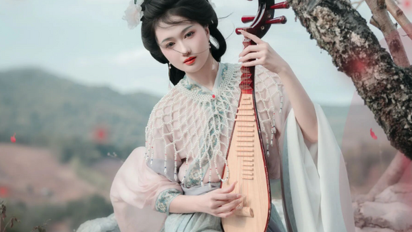 山间桃花粉蓝汉服写真教程：琵琶配披帛云肩，5个姿态拍出温婉才女风