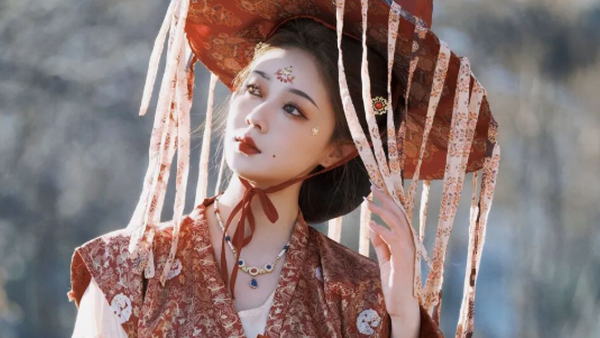 红棕织锦复原汉服+帷帽，在冬日山野枯草雪地间拍出苍凉异域古风感