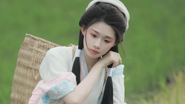 粉白汉服+竹篮油纸伞，在山野稻田里，拍出温润古风田园感