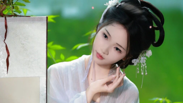 素衣临水执画卷：汉服少女入画来，一轴山水一寸心